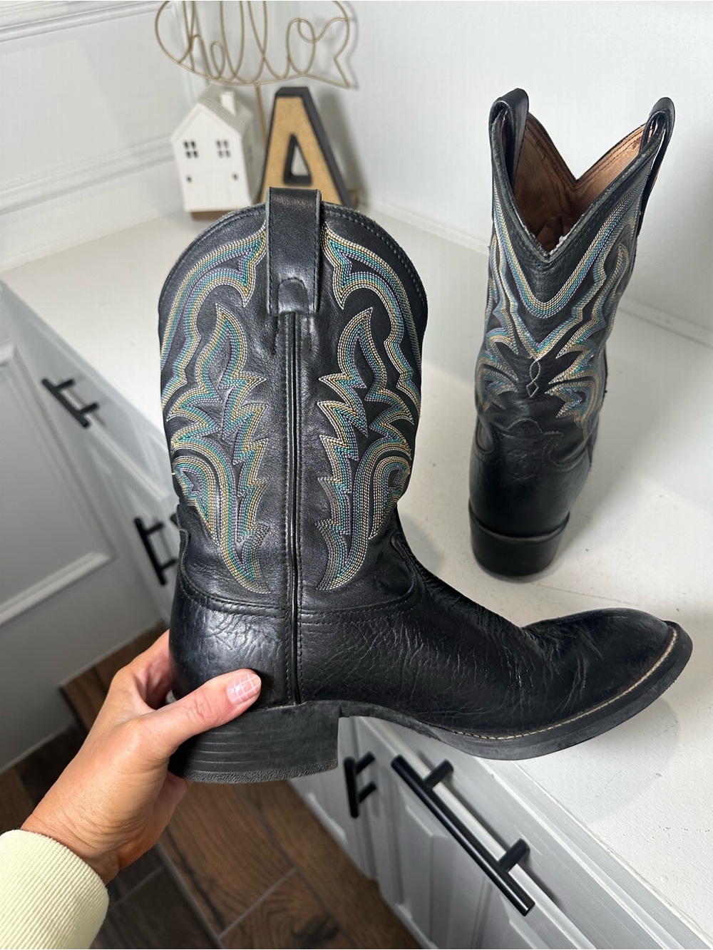 Tony Lama Cowboy Boots Womens 10 Mens 8.5 Black Leather Western Boots USA - Picture 7 of 9